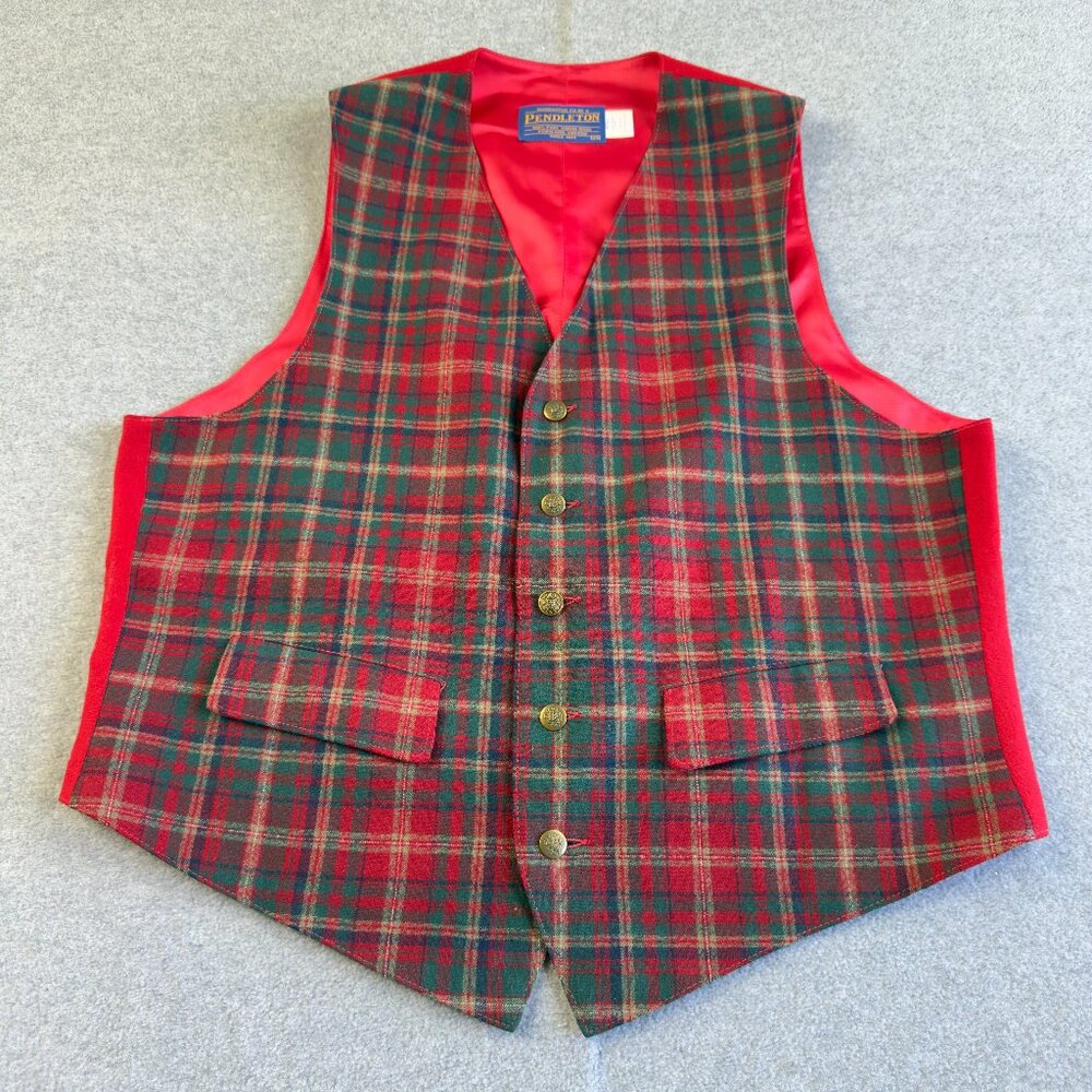 Vintage Pendleton Red Plaid Wool Vest Size 44 Button Front Made in USA 100% Wool